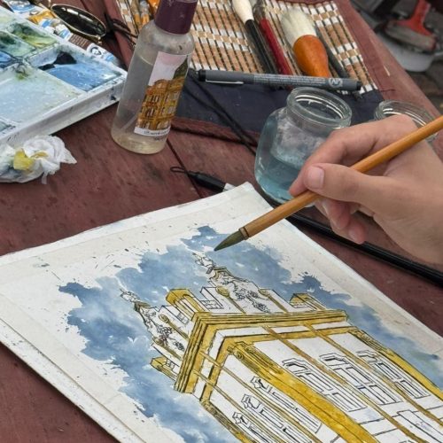 Artistas visuais pintam ao vivo no largo do mercado